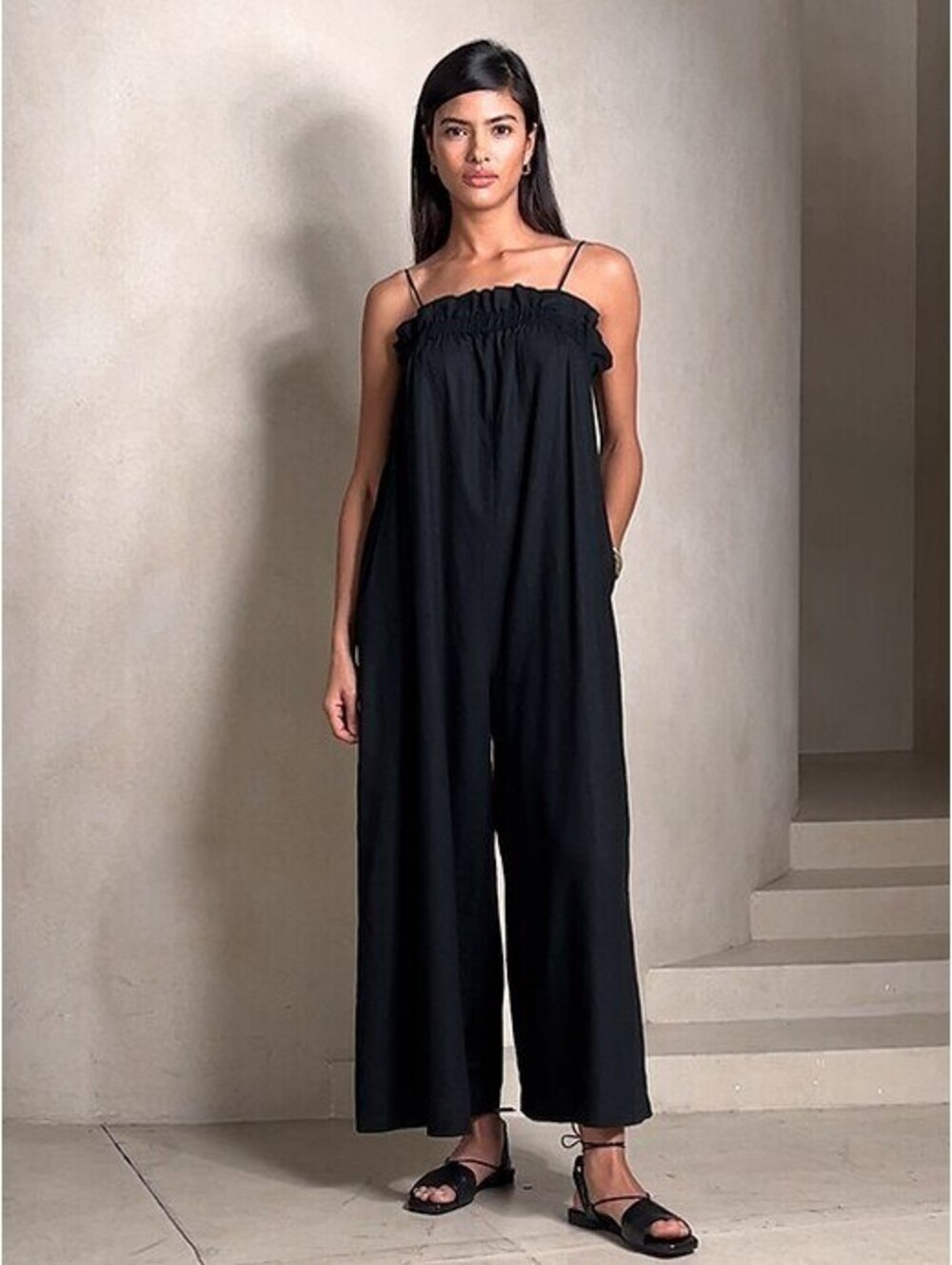 Banana Republic Black Linen Blend Wide Leg Jumpsuit XS NWT Ruffle Strapless